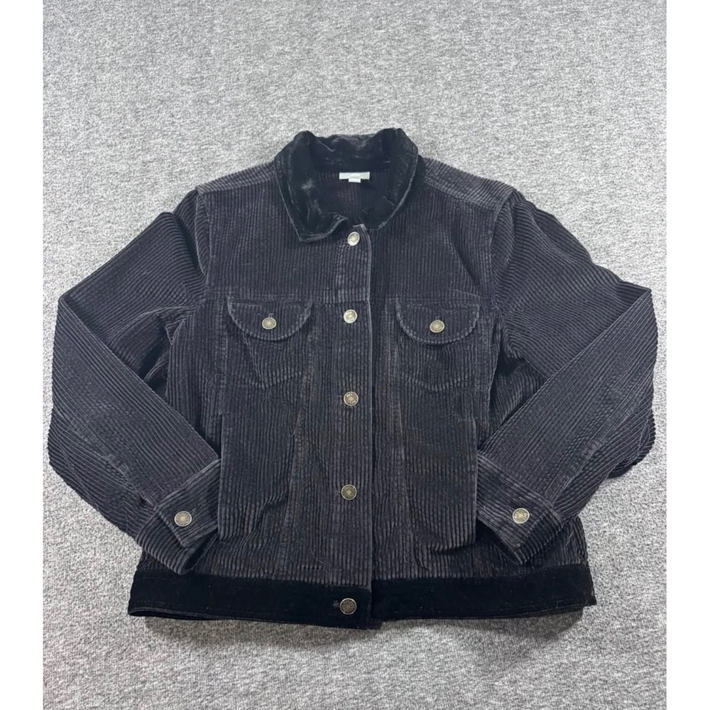 J. Jill Black Corduroy Trucker Jacket Velvet Trim Petite Medium MP Cotton - Picture 2 of 9